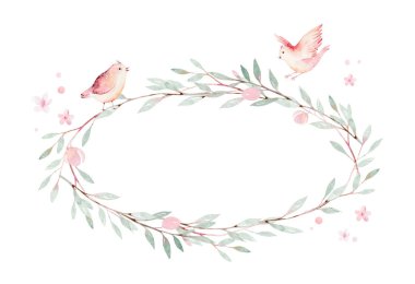 Yeşil yapraklar ve çiçeklerle açan daldaki bahar kuşu. Suluboya resim. El çizimi.