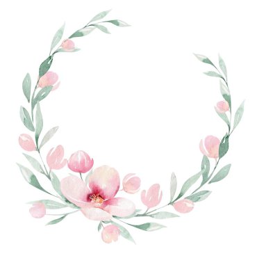 Yeşil yapraklar ve çiçeklerle açan daldaki bahar kuşu. Suluboya resim. El çizimi.