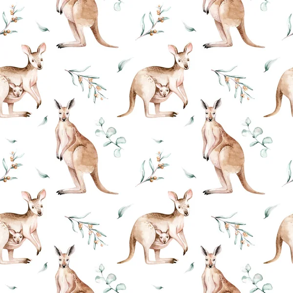 Akwarelowy Australijski Kreskówkowy Kangur Bezszwowy Wzór Australijskie Kangury Ilustrują Dzieci — Zdjęcie stockowe