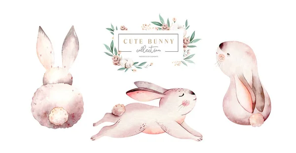 Akvarel Šťastný Velikonoční Set Baby Bunnies Design Králičí Králičí Děti — Stock fotografie