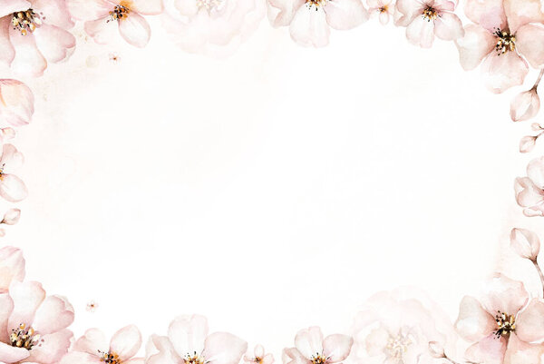 Цветущий цветок акварели бохо. Весной или летом украшения цветочная богемная рамка дизайн. Акварель изолирована. Иллюстрация листвы с вишней, зеленым листом, пером