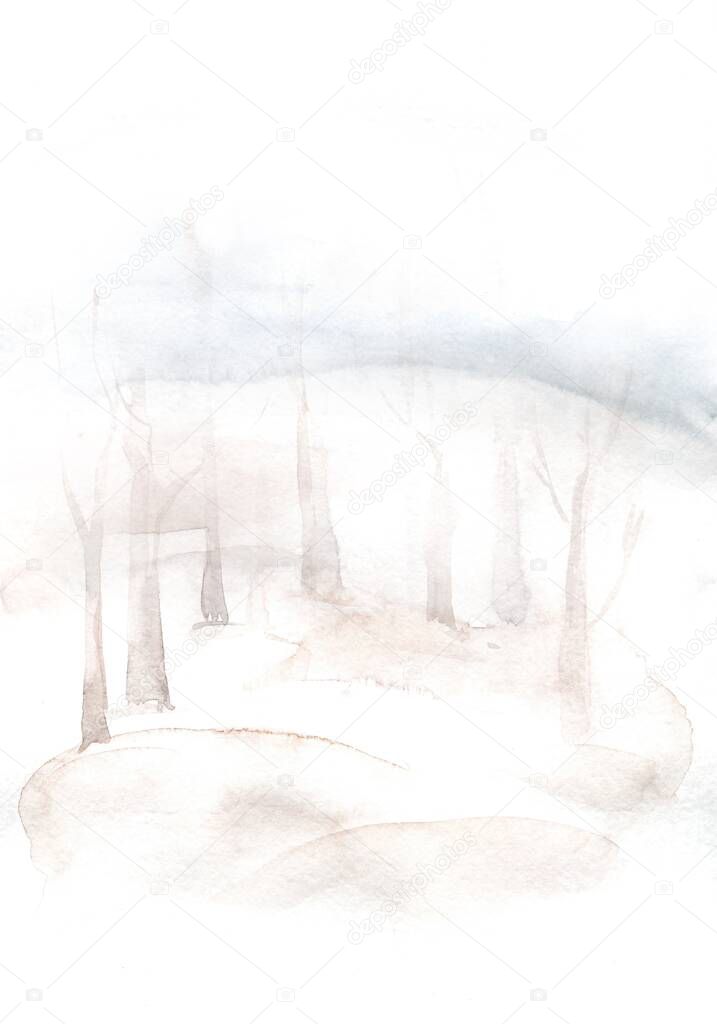 watercolor forest background. landscape with trees and grass, abstract nature background, coniferous forest template, hand drawn illustration.