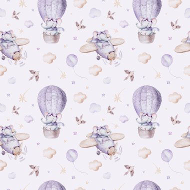 Şirin bir filin suluboya resmi ve süslü gökyüzü sahnesi uçaklar, balonlar ve bulutlarla tamamlandı. Bebek oğlan ve kız modeli. Bebek partisi, çocuk odası tasarımı..