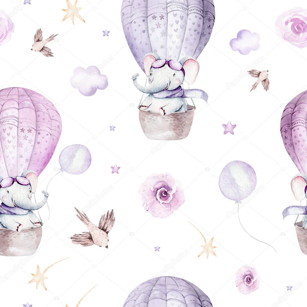 Watercolor purple illustration of a cute elephant and fancy sky scene complete with airplanes and balloons, clouds. Baby Boy and girl pattern. baby shower, nursery design.