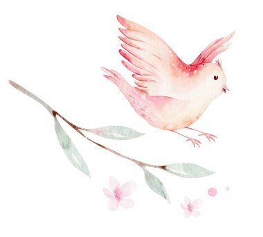 Yeşil yapraklar ve çiçeklerle açan daldaki bahar kuşu. Suluboya resim. El çizimi.