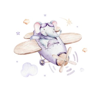 Watercolor purple illustration of a cute elephant and fancy sky scene complete with airplanes and balloons, clouds. Baby Boy and girl pattern. baby shower, nursery design. clipart