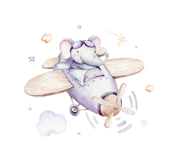 Акварельна Фіолетова Ілюстрація Милого Слона Вишуканої Сцени Неба Комплекті Літаками — стокове фото