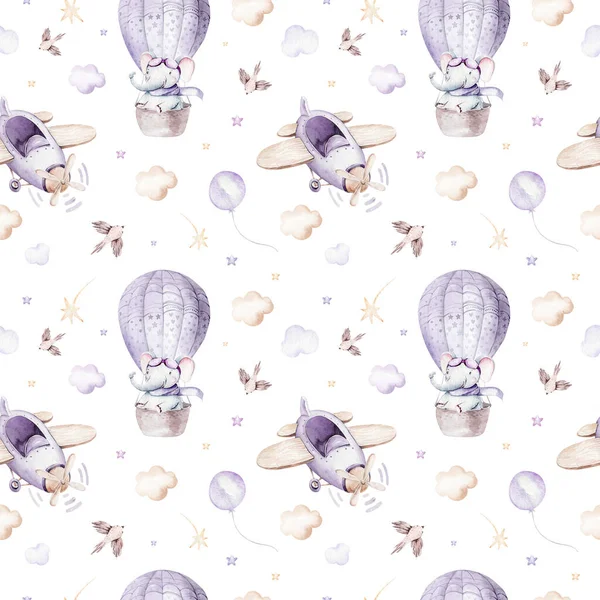 Watercolor purple illustration of a cute and fancy sky scene complete with airplanes and balloons, clouds. Baby Boy and girl pattern. baby shower, nursery design.