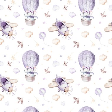 Şirin ve süslü bir gökyüzü sahnesinin suluboya mor çizimi uçaklar, balonlar ve bulutlarla tamamlanmış. Bebek oğlan ve kız modeli. Bebek partisi, çocuk odası tasarımı..