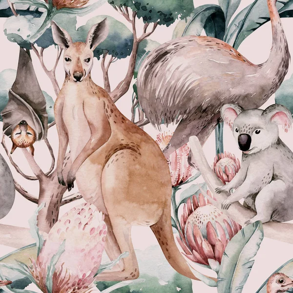 Watercolor australian cartoon kangaroo seamless pattern. Australian kangaroos set kids illustration. Nursery wallpaper