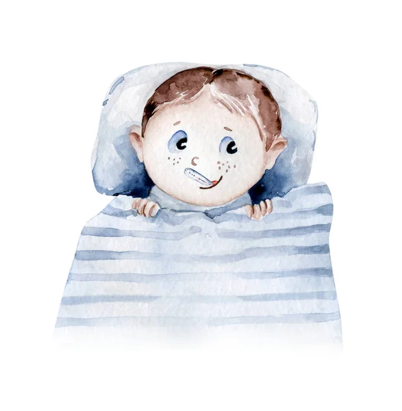Cute cartoon sick boy in bed, bacteria, viruses, coronavirus. Watercolor hand drawn boy set.