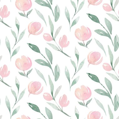 Yeşil yapraklar ve çiçeklerle açan daldaki bahar kuşu. Suluboya resim. El çizimi.