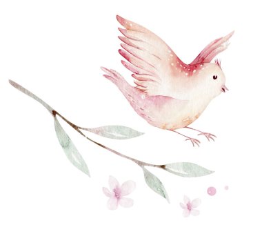 Yeşil yapraklar ve çiçeklerle açan daldaki bahar kuşu. Suluboya resim. El çizimi.