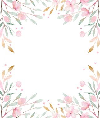 Yeşil yapraklar ve çiçeklerle açan daldaki bahar kuşu. Suluboya resim. El çizimi.