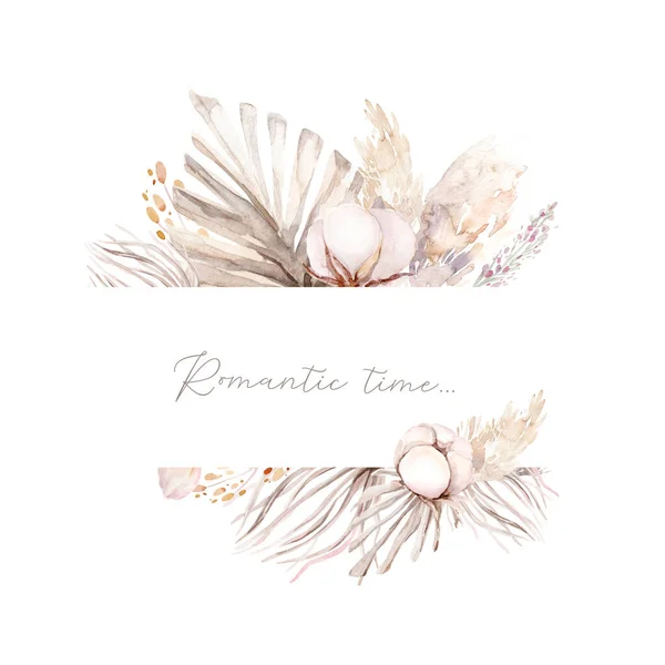 ゴールド蘭 綿の頭 ヤシの葉 ベージュとバラの色 ピンク 鮮やかな花 緑の葉と水彩フレーム花輪は 結婚式のグリーティングカードのために ファッションの背景 — ストック写真
