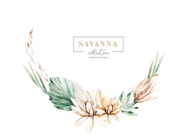 Savanadan suluboya çelenk çerçeve altın çiçek koleksiyonu kırmızı, bordo çiçeği, yapraklar, dallar ve beyaz üzerine izole edilmiş botanik illüstrasyonunu ayarla.