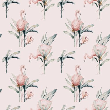 Flamingolu, tropik, pürüzsüz bir desen. Suluboya tropik çizim, gül kuşu ve yeşil palmiye ağacı, tropik yeşil doku, egzotik çiçek.