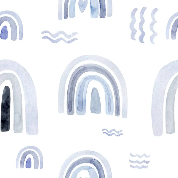 Watercolor kids raindow seamless pattern . scandinavian hand painted boho rainbows background. Nursery art fabric illustration in trendy scandinavian style. Contemporary art, baby boy and girl rainbow graphics.