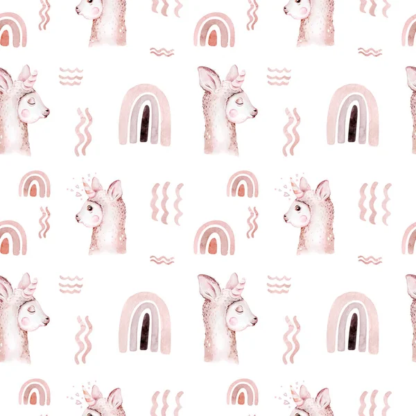 Watercolor painting seamless pattern with white cute llama animal. Llamas cartoon america. Boho cactus textile design, Baby girl decoration, baby shower art.