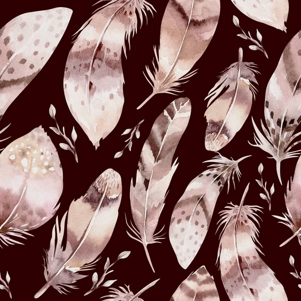 Акварельные Птицы Перья Boho Шаблон Бесшовная Текстура Нарисованными Вручную Перьями — стоковое фото