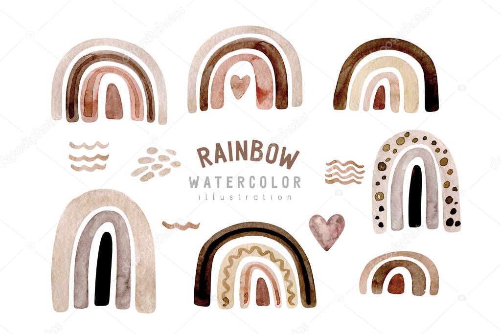 Watercolor scandinavian rainbow set in pastel brown pink colors. Baby boy and girl design illustrations. Neutral Gender Colors. Fabulous Object Isolated on White