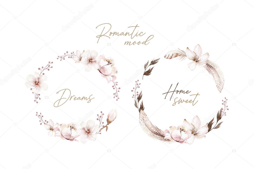 Set of watercolor vintage floral bouquets. Boho spring flowers and leaf frame isolated on white background: succulent, branches, leaves, feathers, berries, peony, rose. Hand painted natural design