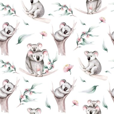 Suluboya desensiz çizgi film bebek koala tropikal hayvan çizimi. Orman egzotik yaz baskısı. Avustralya hayvanat bahçesi tasarımı