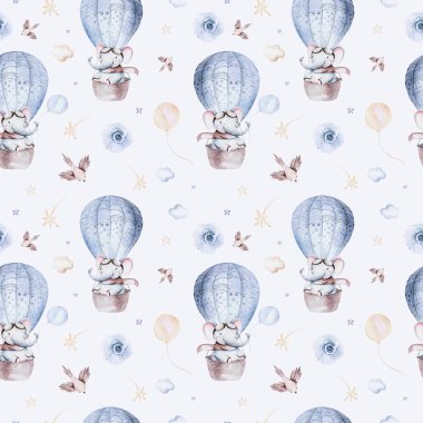 Şirin bir filin suluboya mavi çizimi ve süslü gökyüzü sahnesi uçaklar, balonlar ve bulutlarla tamamlandı. Bebek oğlan ve kız modeli. Bebek partisi, çocuk odası tasarımı..