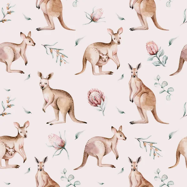 Watercolor australian cartoon kangaroo seamless pattern. Australian kangaroos set kids illustration. Nursery wallpaper