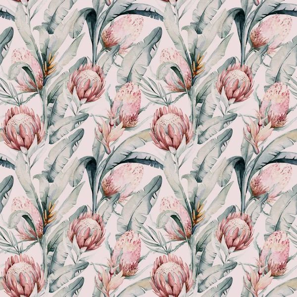 Protea Zökkenőmentes Minta Virág Akvarell Trópusi Levelek Kézzel Festett Illusztrációja — Stock Fotó