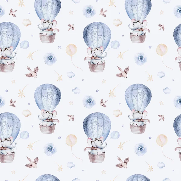 Şirin bir filin suluboya mavi çizimi ve süslü gökyüzü sahnesi uçaklar, balonlar ve bulutlarla tamamlandı. Bebek oğlan ve kız modeli. Bebek partisi, çocuk odası tasarımı..