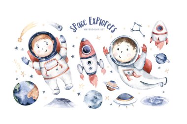 Astronot erkek bebek uzay giysisi, kozmonot yıldızlar, gezegen, ay, roket ve mekik beyaz arka planda izole edilmiş suluboya uzay gemisi çizimi, uzay çocuğu astronot çocuk çizimi. Evrensel çizim çocuk odası.
