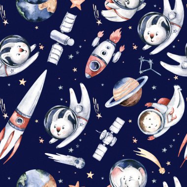 Astronot kusursuz desen. Evren çocukları Bebek Kız Fil, Tilki Kedi ve Tavşan, Uzay Giysisi, Kozmonot Yıldızları, Gezegen, Ay, Roket ve Mekik Uzay Boyası.