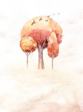 Bir dizi suluboya sonbahar ağacı. Sonbahar el çizimi sarı turuncu orman arka plan illüstrasyon.