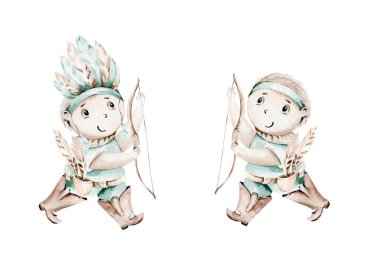 Kovboy şapkalı kovboy çocuk saman balyalarının üzerinde oturuyor. Çizgi film şerifi Amerikan kabilelerinin kızılderili çadırı tasarımı. Vahşi Batı doğum günü daveti