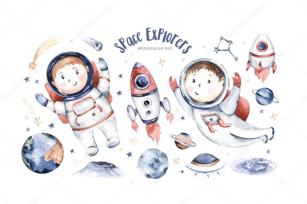 Astronaut baby boy girl space suit, cosmonaut stars, planet, moon, rocket and shuttle isolated watercolor space ship illustration on white background, Spaceman cartoon kid astronout. universe illustration nursery.