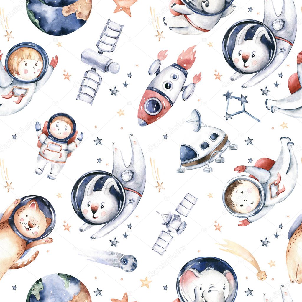 Astronaut seamless pattern. Universe kids Baby boy girl elephant, fox cat and bunny, space suit, cosmonaut stars, planet, moon, rocket and shuttle watercolor space ship background.