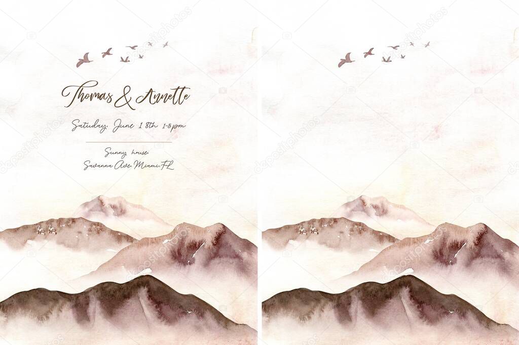 Watercolor illustration. Winter mountains landscape, trees sky
