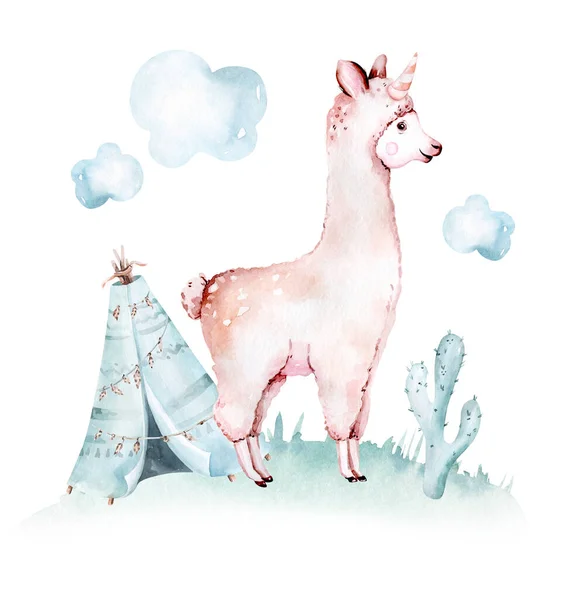 Lama Aquarela Bonito Ilustração Alpaca Isolado Branco Llama Imprimir Com — Fotografia de Stock