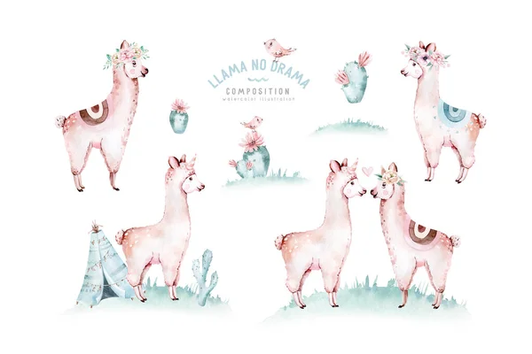 Χαριτωμένο Λάμα Ακουαρέλας Alpaca Εικόνα Απομονώνονται Λευκό Llama Print Εθνοτική — Φωτογραφία Αρχείου