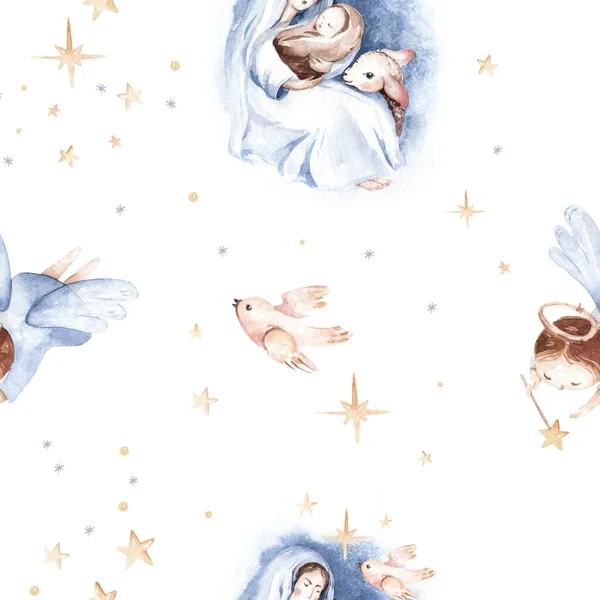 Akvarell Karácsonyi Betlehem Kereszténység Történet Máriával Angyallal Báránnyal Szentséges Karácsonyi — Stock Fotó