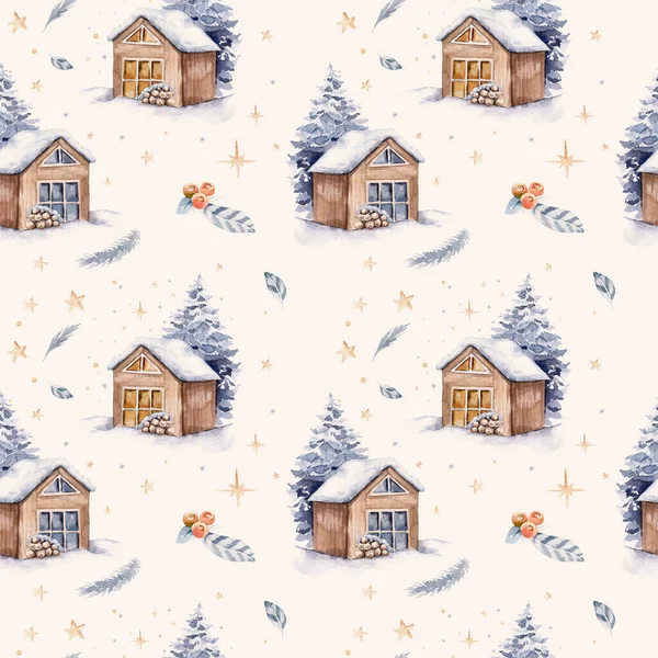 Ilustrações Natal Cobertas Neve Casas Floresta Fundo Branco Aquarela Pintada — Fotografia de Stock