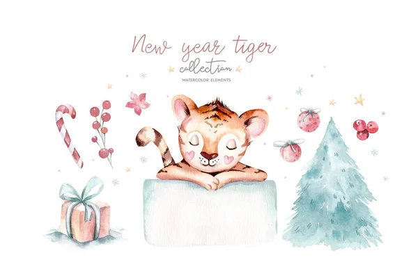 Akvarell Babytigris 2022 Újév Szimbóluma Akvarell Aranyos Rajzfilm Állat Karácsonyi — Stock Fotó