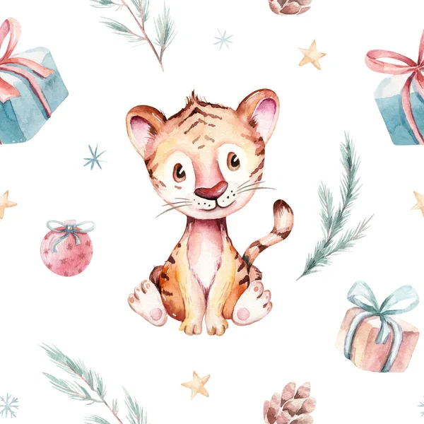 水彩画婴儿虎无缝图案 2022年新年数字纸的符号 水彩画可爱的卡通动物 圣诞派对装饰 — 图库照片