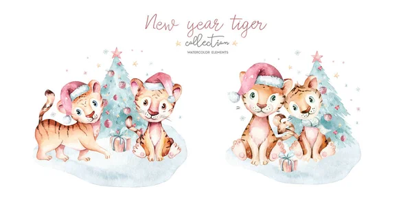 水彩画小虎2022年新年的象征 水彩画可爱的卡通动物 圣诞派对装饰 中国历法 邀请卡 — 图库照片