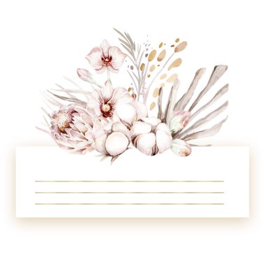Altın orkideli suluboya çerçeve çelenk, kiraz çiçeği, pamuk baş, palmiye yaprakları, bej ve gül rengi, beyaz, pembe, canlı çiçekler, yeşil yapraklar, düğün kartı için. moda arkaplanı.