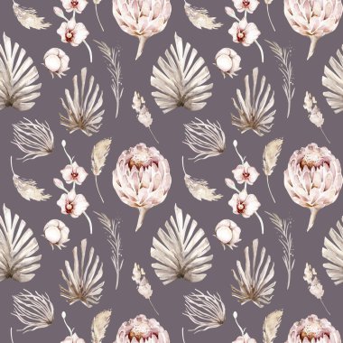 Protea gülü, yaprakları, dalları ve çiçekleri olan dikişsiz suluboya desenler. Bohem altın rengi pembe desenli prorea. Tebrik kartı için arkaplan.