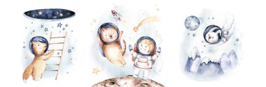 Astronaut baby boy girl elephant, fox cat and bunny, space suit, cosmonaut stars, planet, moon, rocket and shuttle isolated watercolor space ship illustration on white background, Spaceman cartoon kid astronout. universe illustration nursery. clipart