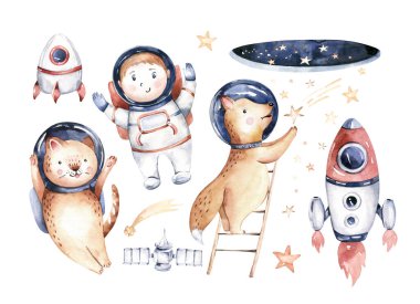 Astronot erkek bebek fil, tilki kedi ve tavşan, uzay giysisi, kozmonot yıldızlar, gezegen, ay, roket ve mekik beyaz arka planda izole edilmiş suluboya uzay gemisi çizimi, uzay çocuğu astronotu çocuk astronotu. Evrensel çizim çocuk odası.