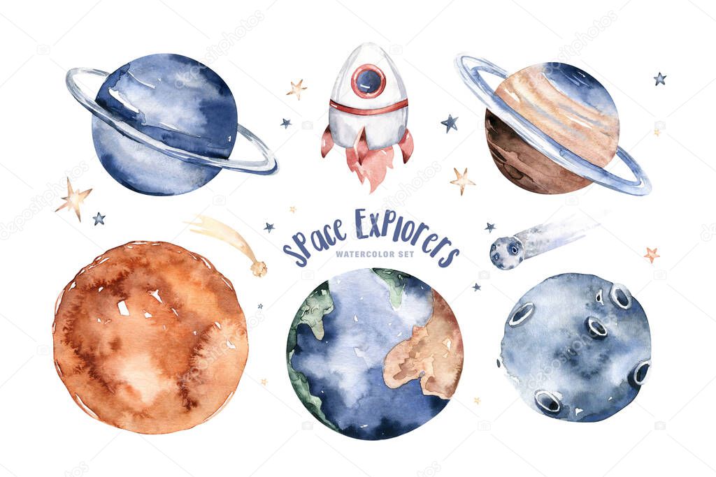 Planets of the Solar System watercolour poster set. Watercolor planet Sun, Moon and Mercury, Venus and Earth, Mars and Jupiter, Saturn, Uranus and Neptune. universe space. Galaxy art.